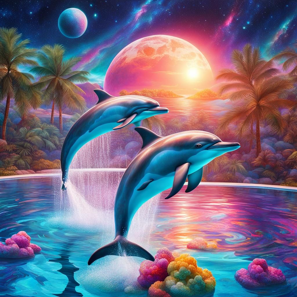 Dolphins Swimming: Cosmic Holographic Illustration