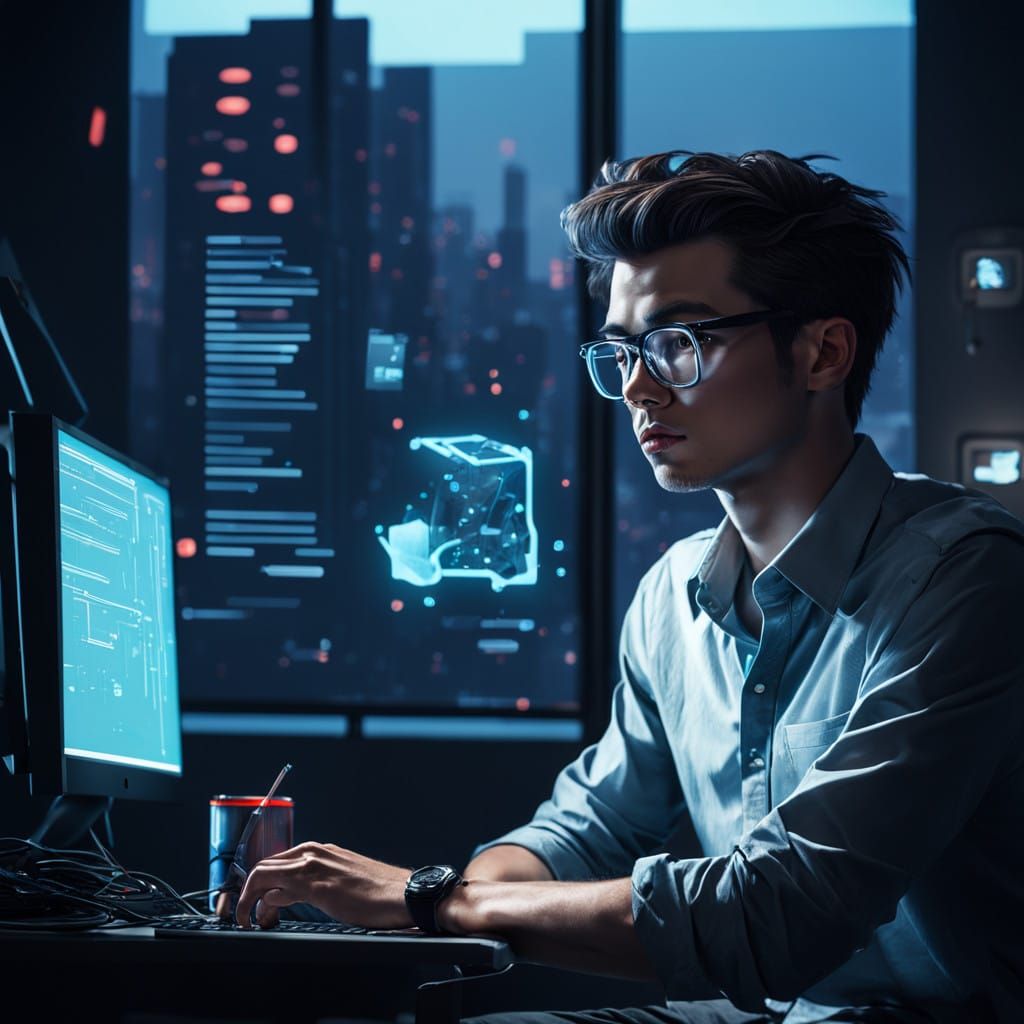 Futuristic Programmer in Neon-Lit Laboratory
