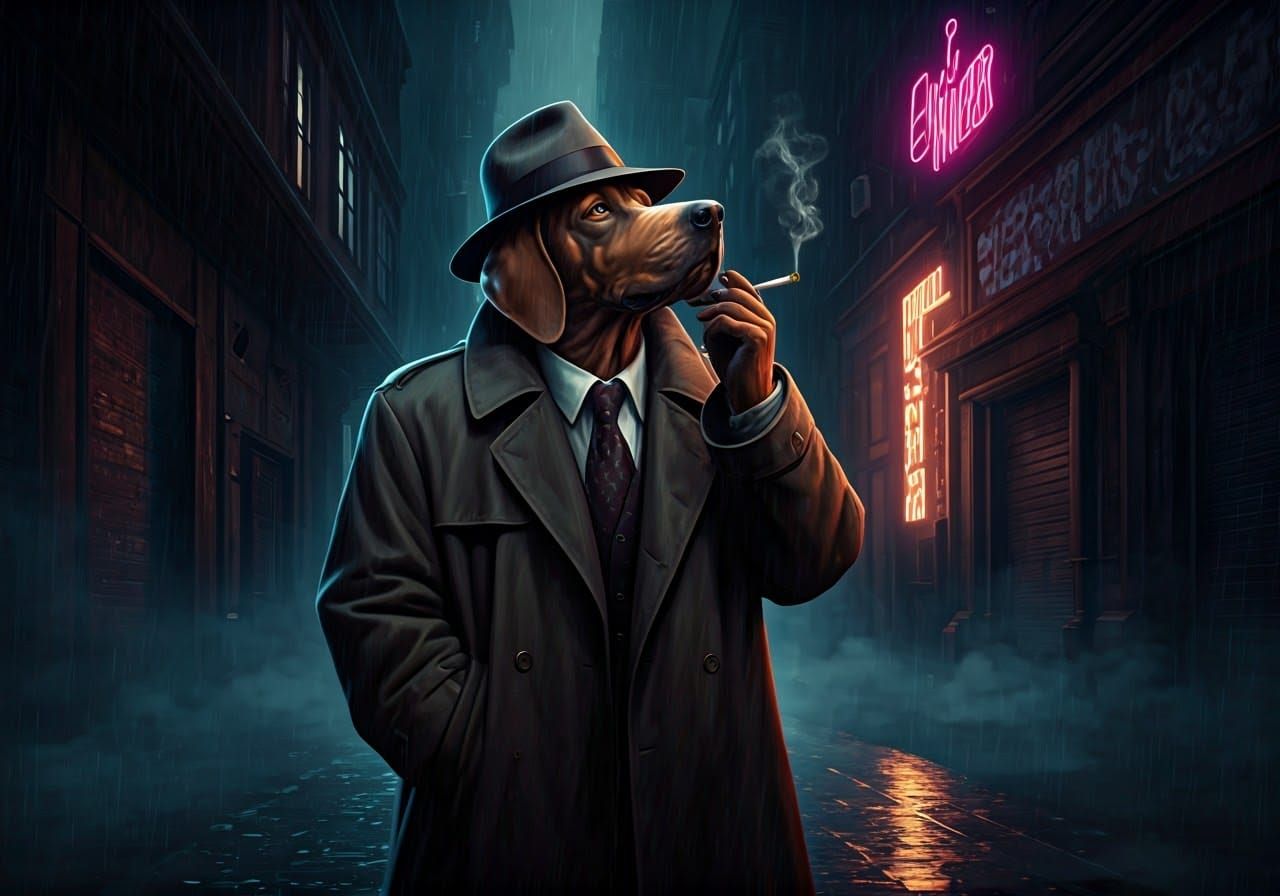 Black and white Film Noir, an anthropomorphic bloodhound dressed as a 1940s private eye