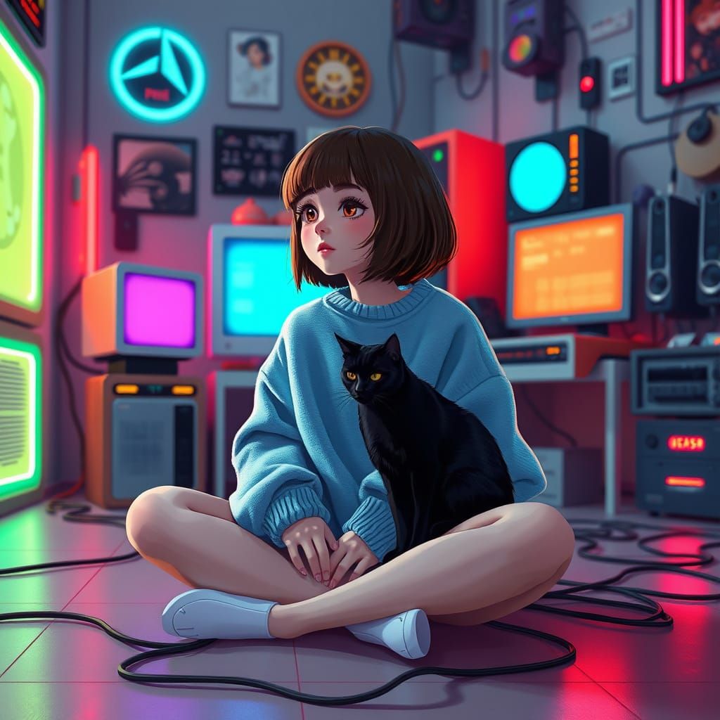 Girl in Neon-Lit Bedroom with Retro Futuristic Accents