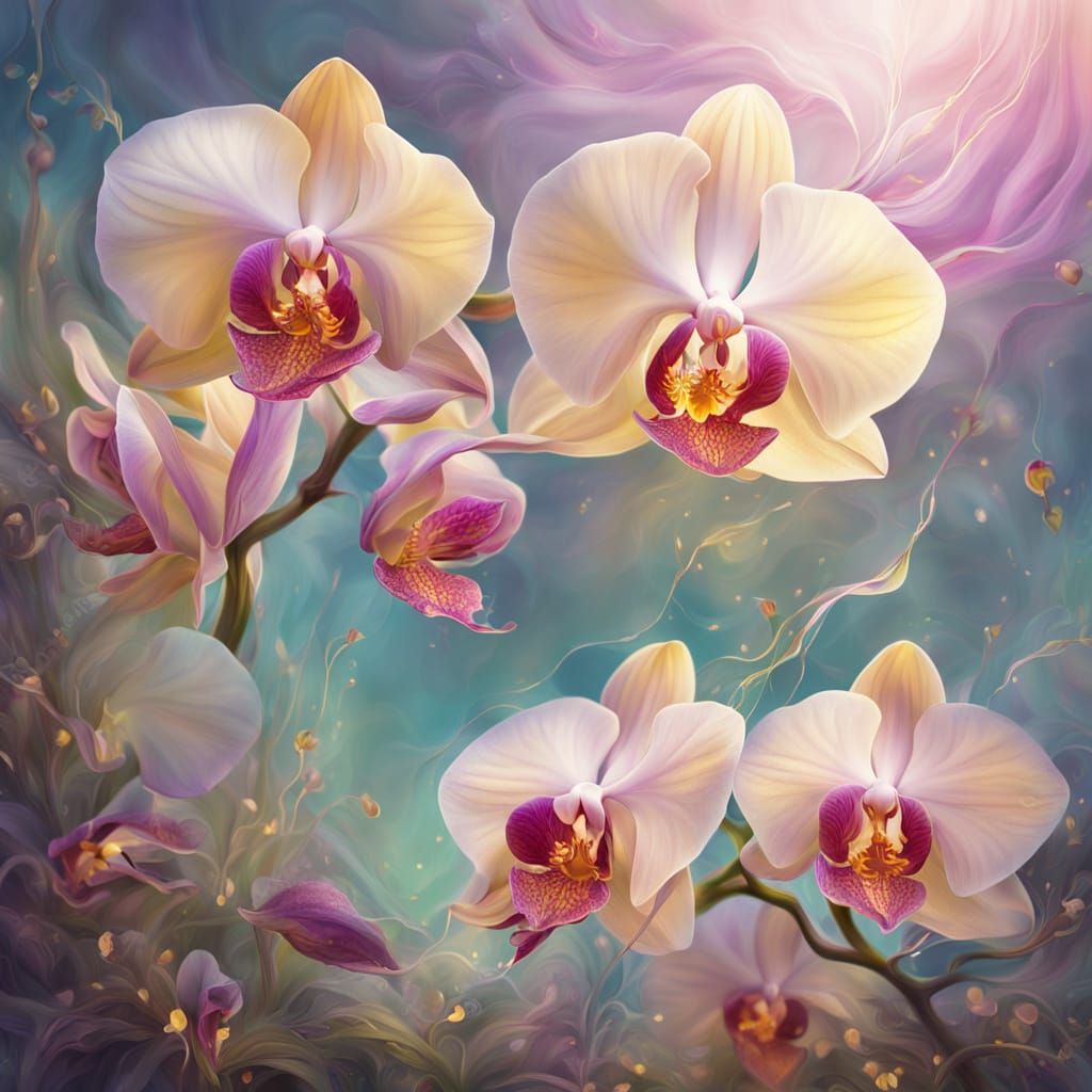 Orchid in a Surreal Garden: Hyperrealistic Oil Painting