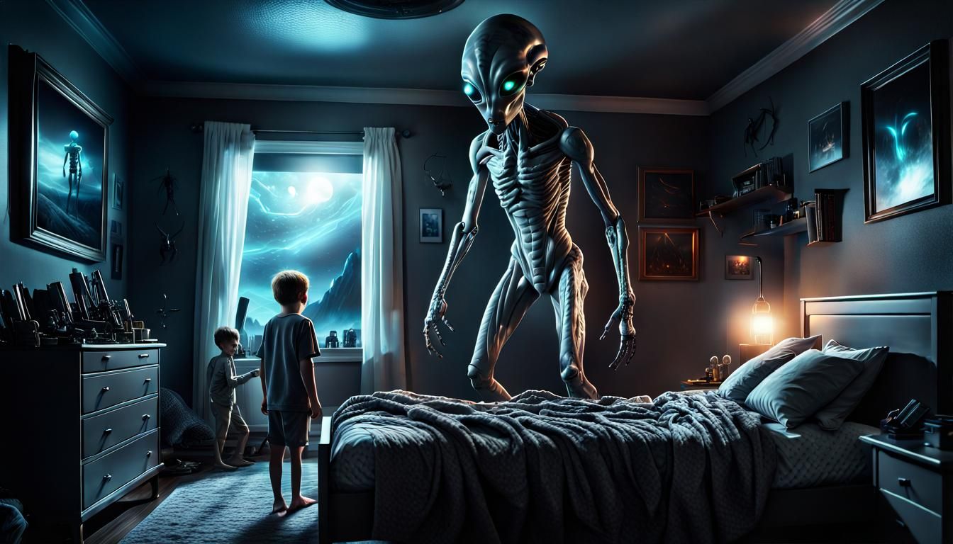 Grey Aliens Heal Boy: Dramatic Digital Matte Painting