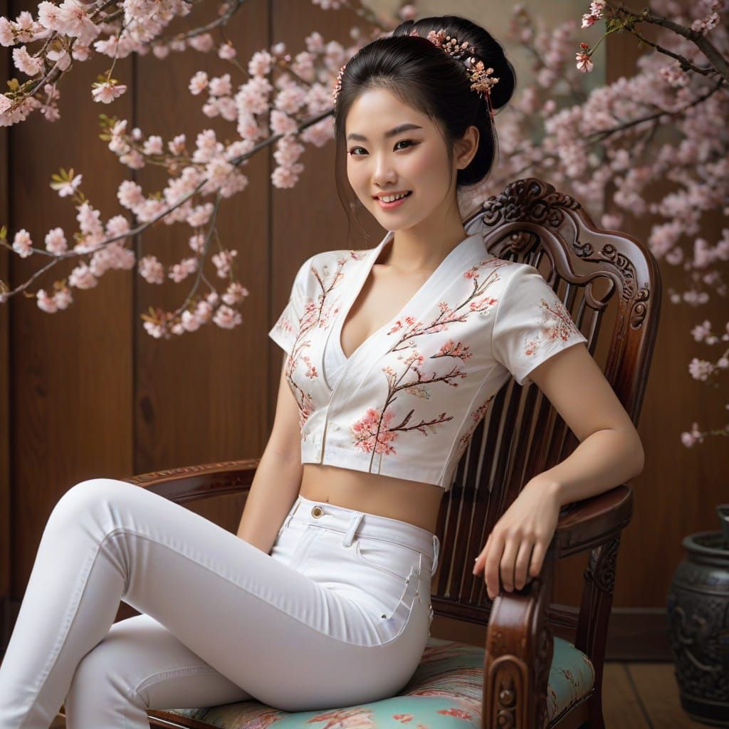Geisha in Jeans on Ornate Chair, Pastel Colors
