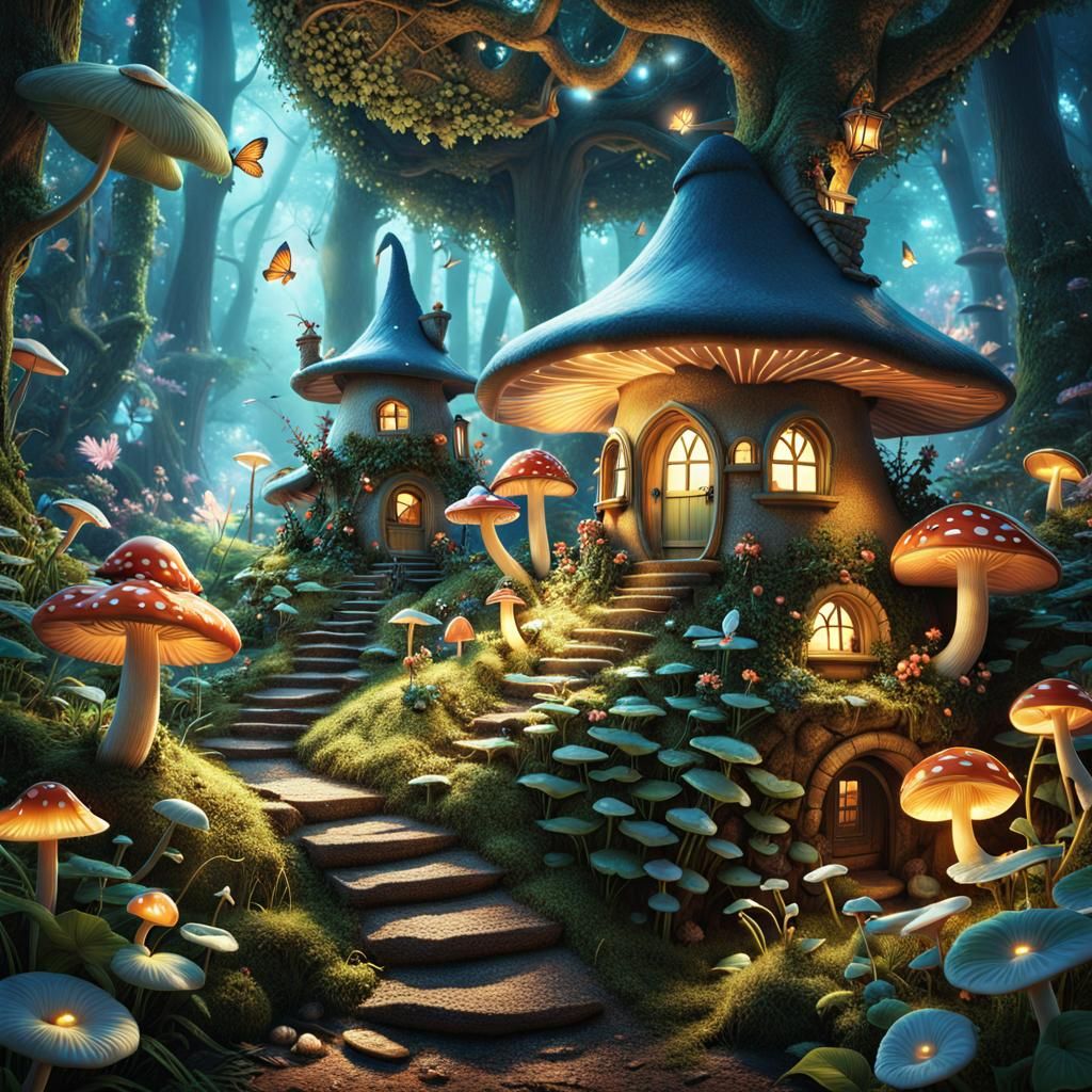 Enchanting Fairy Village in Forest with Mushroom Houses