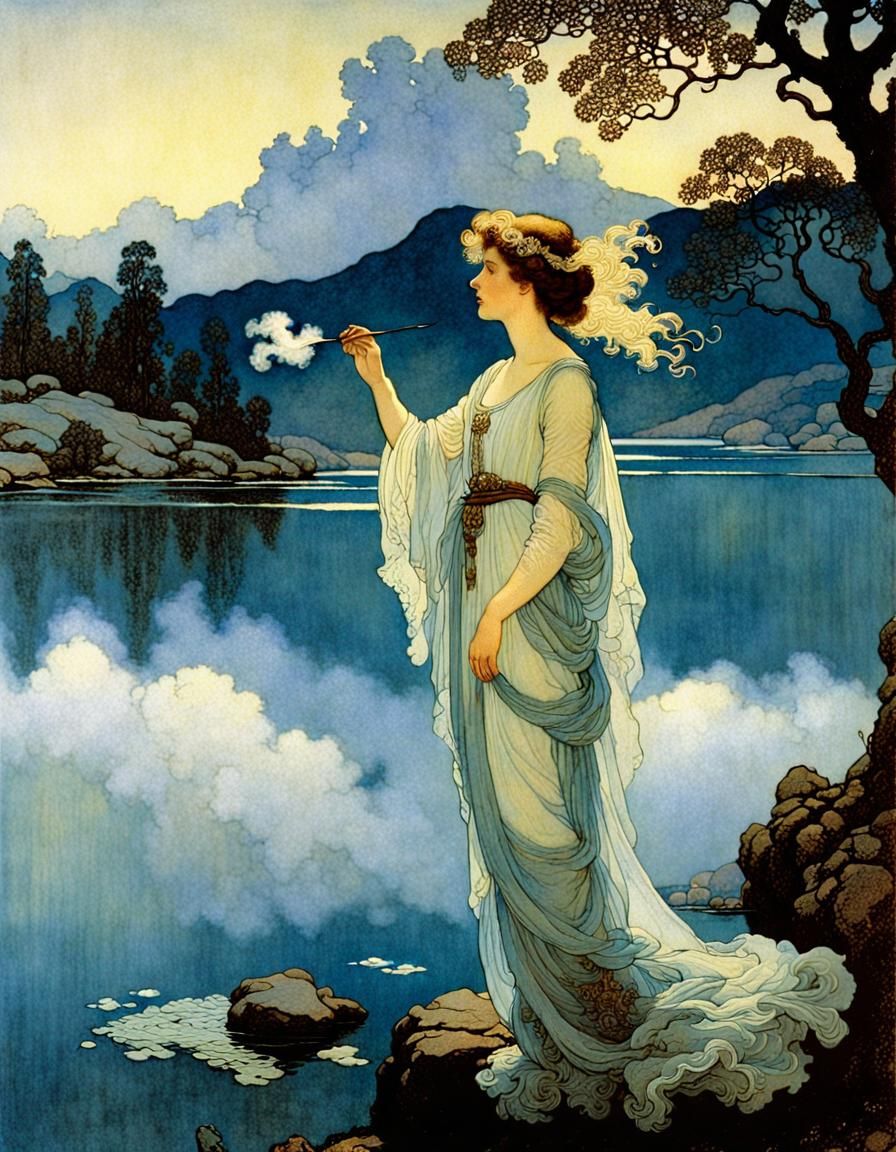 Ethereal Lady by Moonlit Lake in Golden Age Style