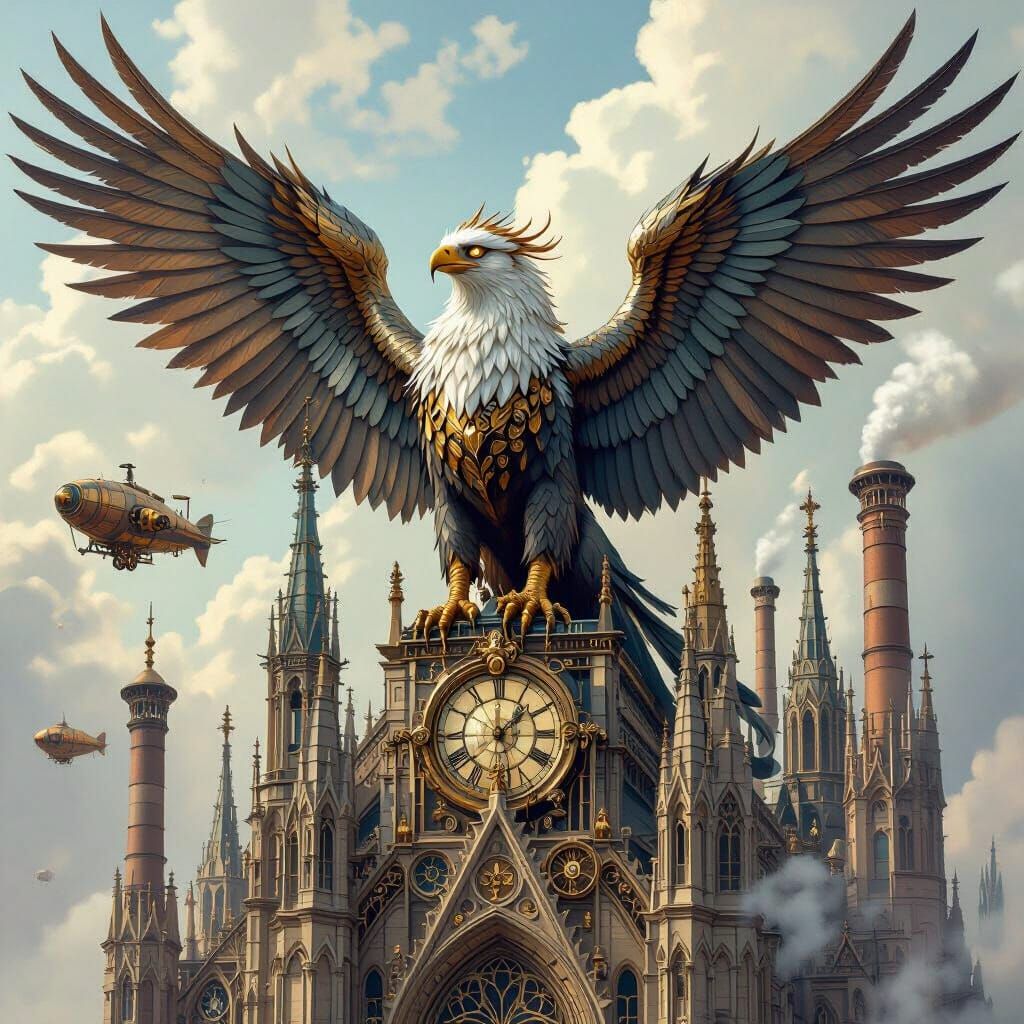 Griffin Perched Atop Gothic Steampunk Cathedral