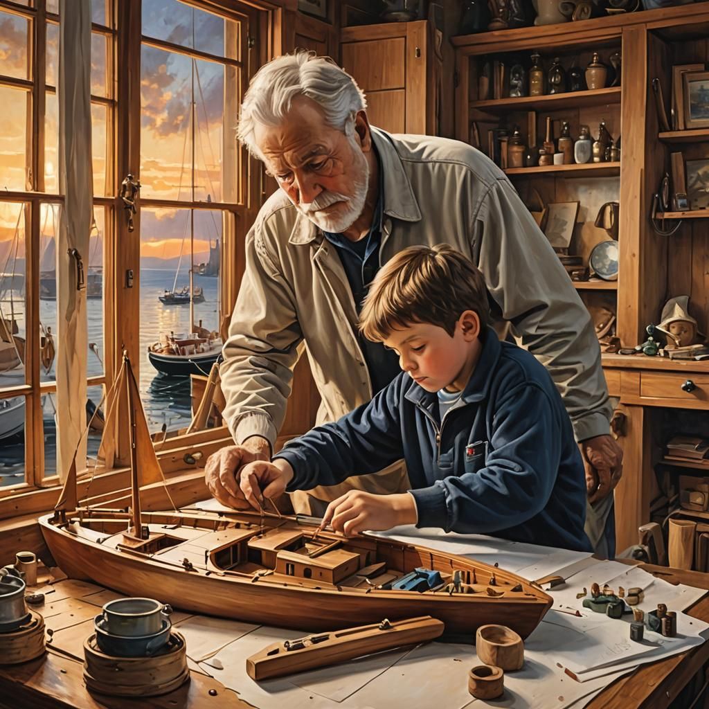 Boy and Grandfather Building Sailboat Model, Impressionism S...