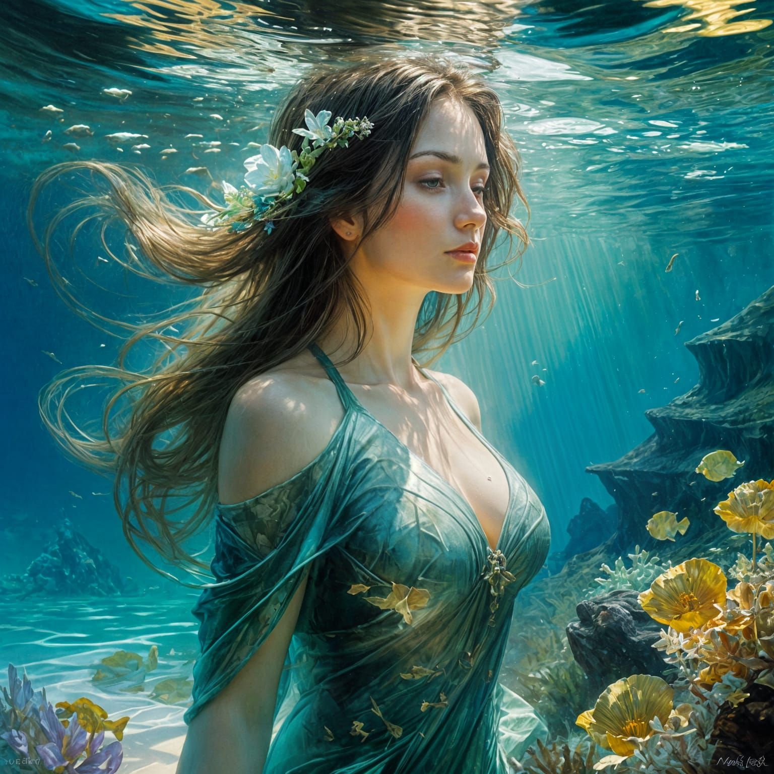 Surreal Selkie Emerges from Ocean Depths in Cyberpunk Aesthe...