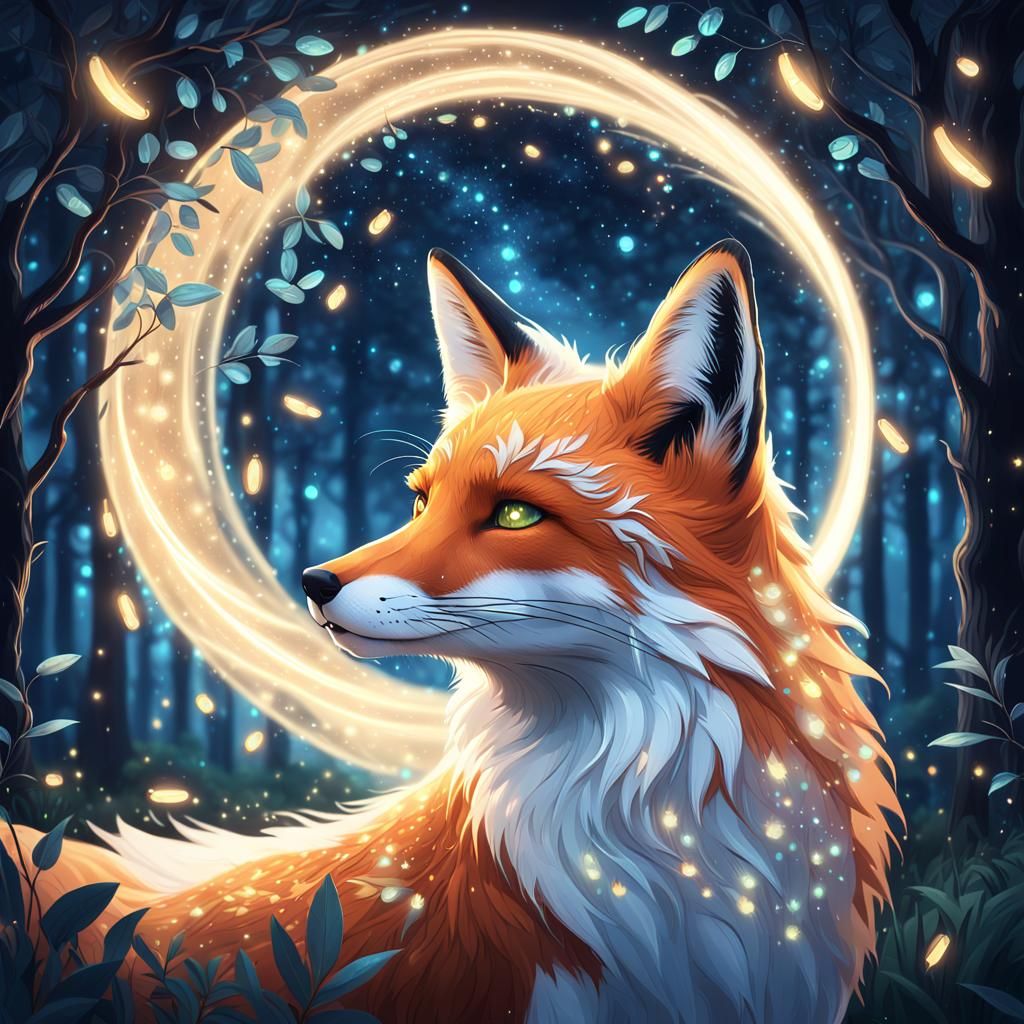 Fox with Fireflies Portrait in Art Nouveau Style