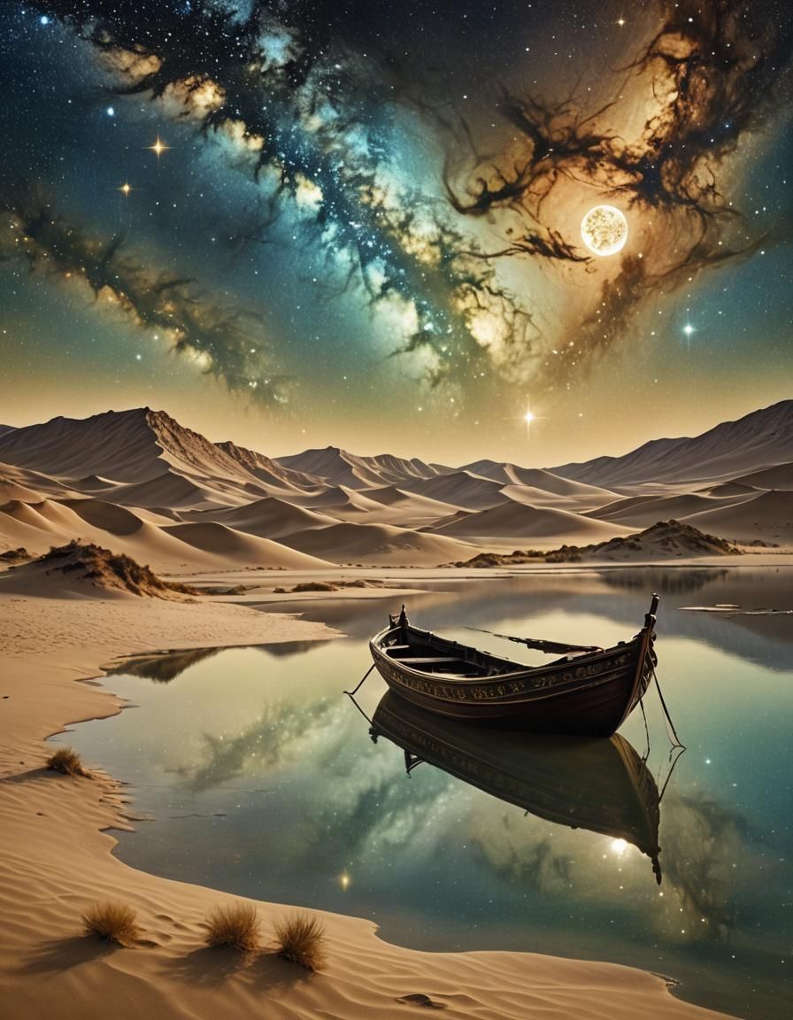 Ornate Boat on Desert Lake Under Galaxy, Baroque Style