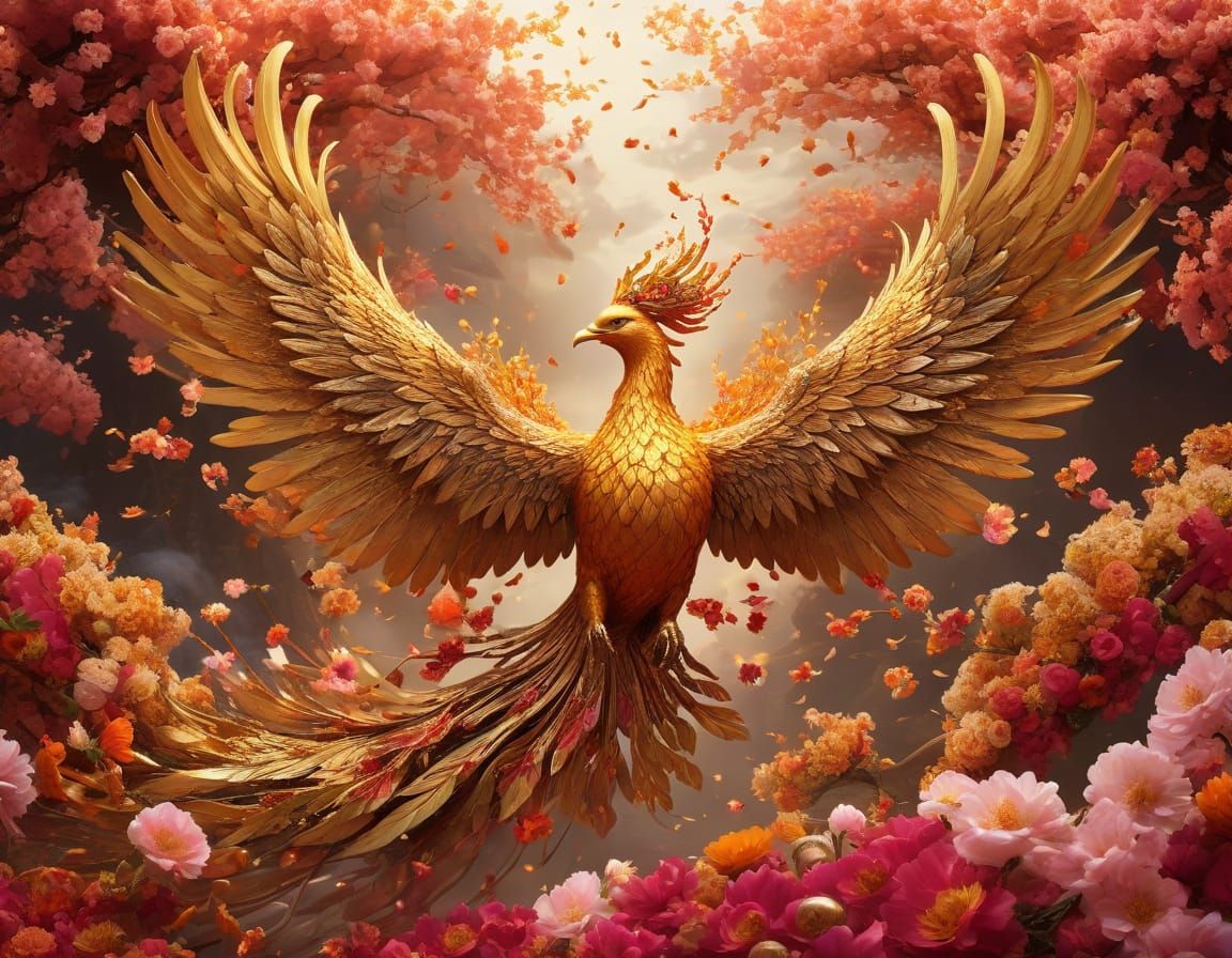 Floral Phoenix Rising from Petal Bed