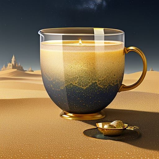 Giant Teacup in Desert Under Moonlight