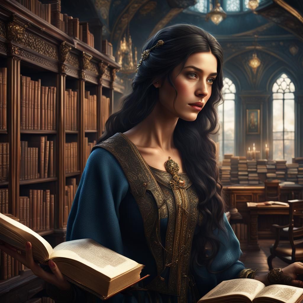 Beautiful Woman Reading in Library: Detailed Matte Painting