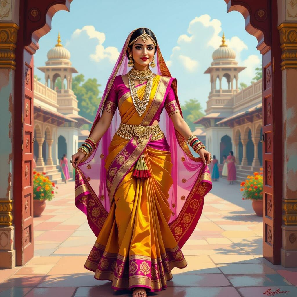 Bikaneri Woman Celebrates Teej in Indian Folk Art Style