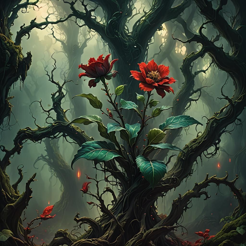 Red Flower in Dark Fantasy Digital Painting