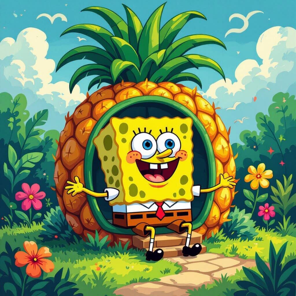 SpongeBob in Pineapple Home, Whimsical Cartoon