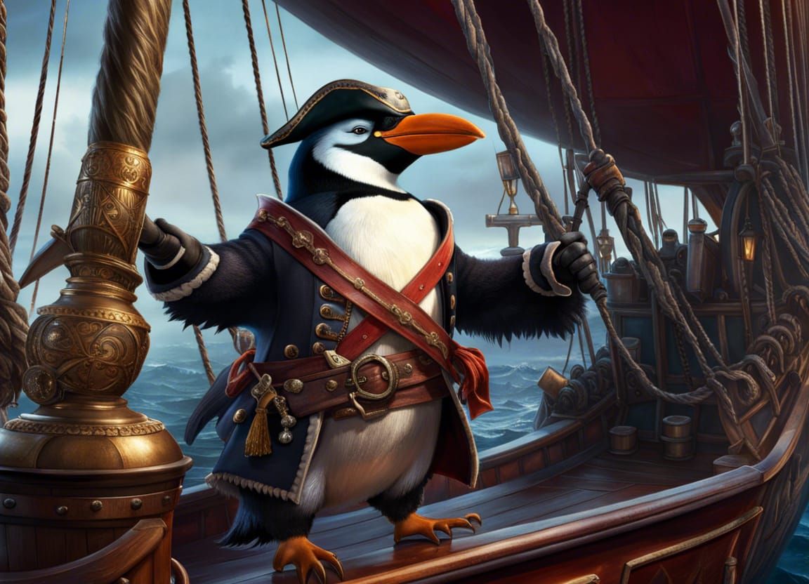 Pirate Penguin Boards Ship in Hyper-Realistic Style