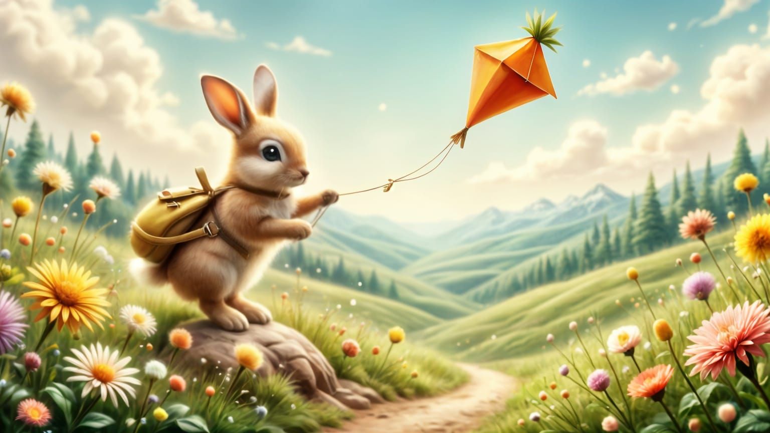 Fluffy Rabbit Flying a Carrot Kite