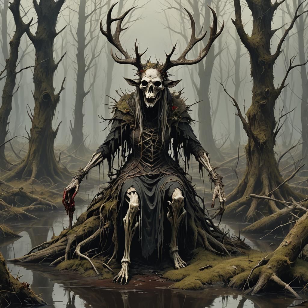 Bog Witch in Decaying Swamp, Oil Painting