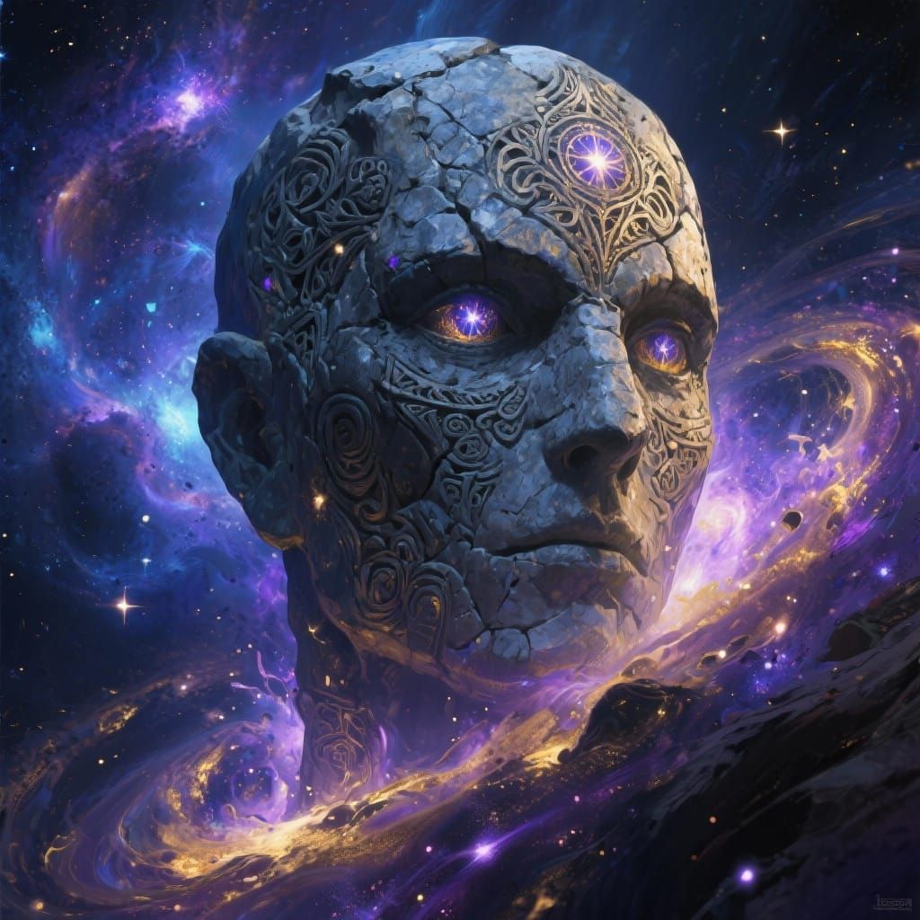 Ancient Stone Head in Cosmic Nebula