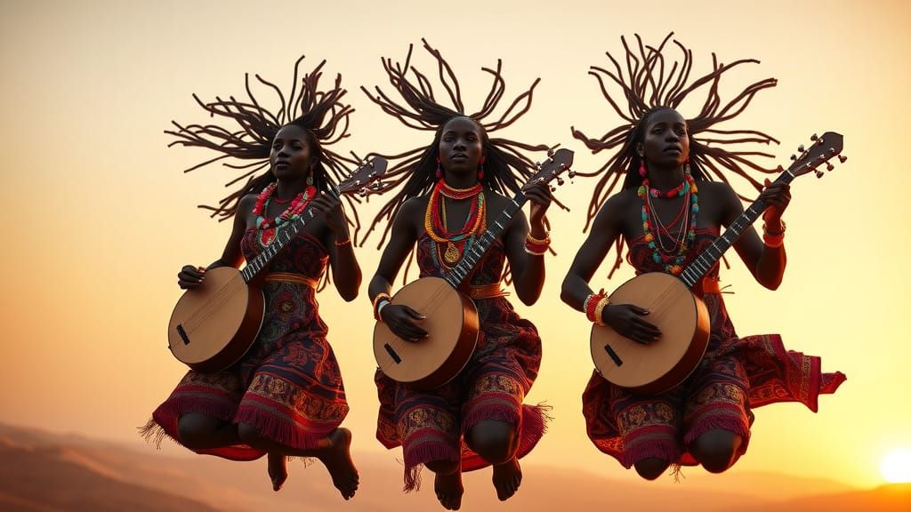African Women in Vibrant Tunic Perform with Lutes Under Dese...