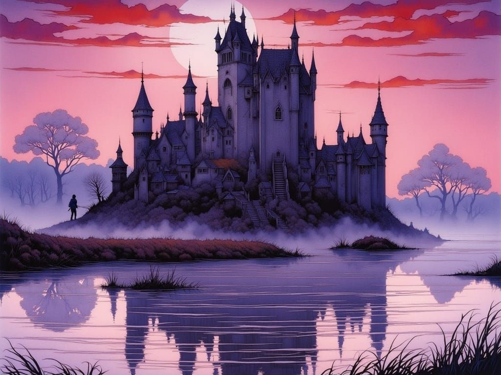 Castle Ruin Emerges from Morning Fog in Vibrant, Whimsical S...