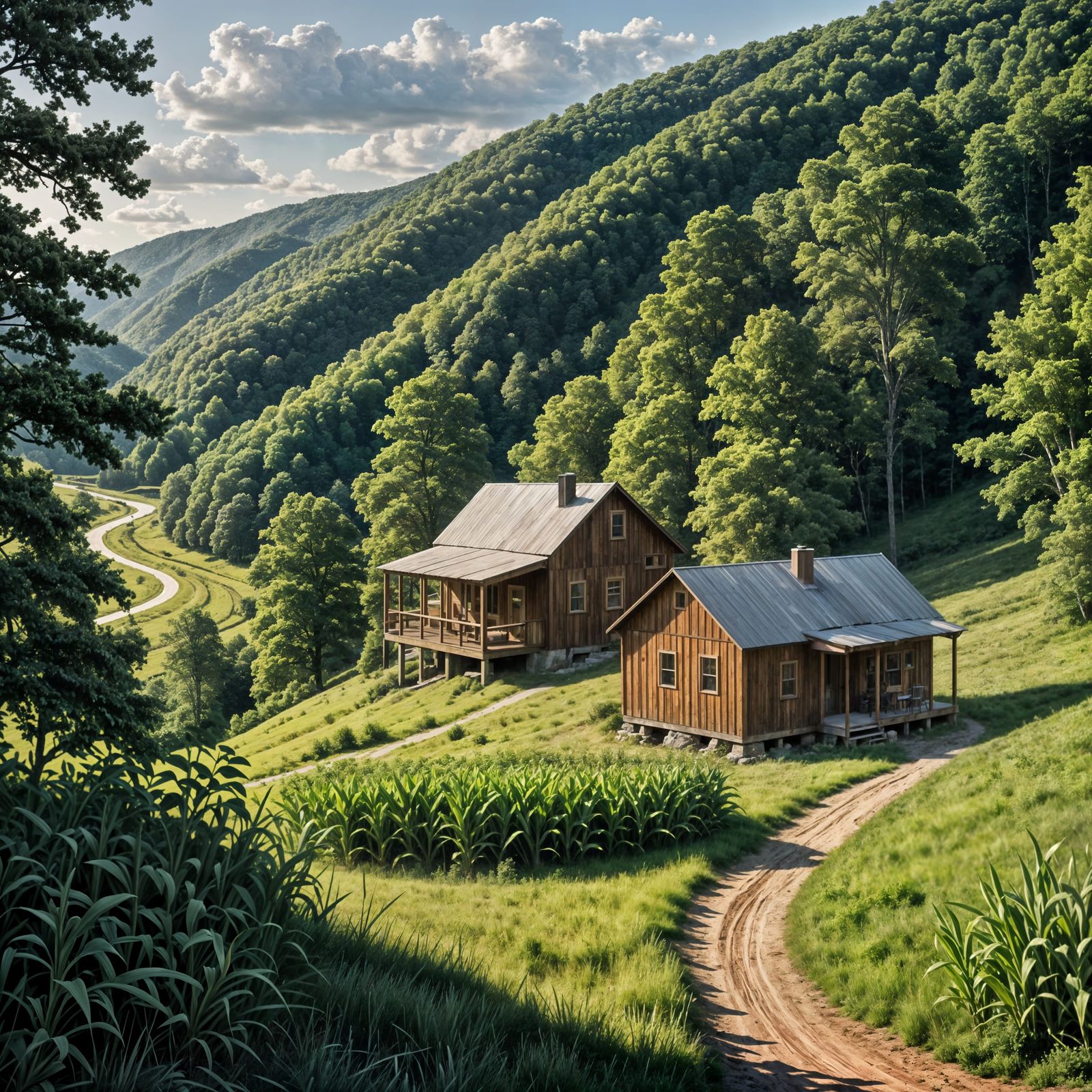 Modern NC Cabin Overlooking River Valley with Fields and Liv...