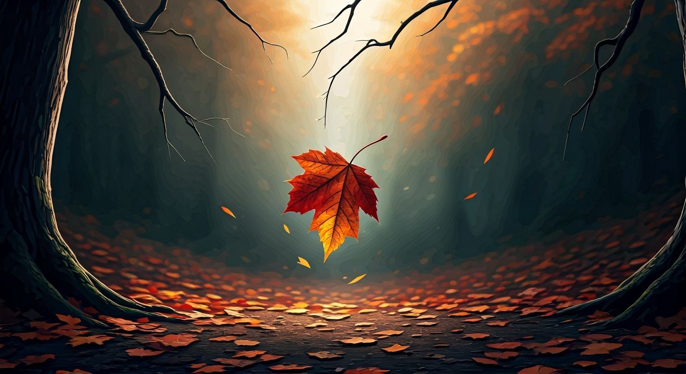 Glowing Autumn Leaf Falls in Atmospheric Forest
