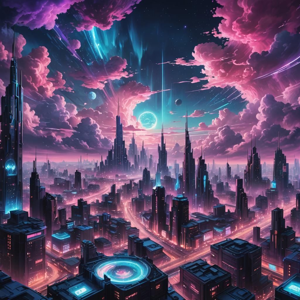 Neon Cyberpunk Cityscape Under Galactic Aurora