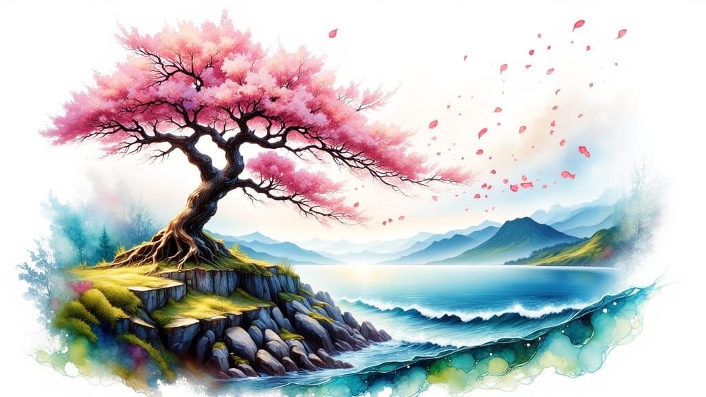 Cherry Tree on Cliff in Watercolor Style