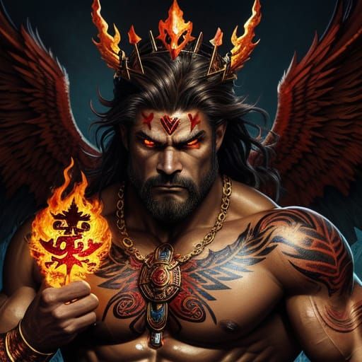 Fiery Tribal Warrior with Trident and Crown