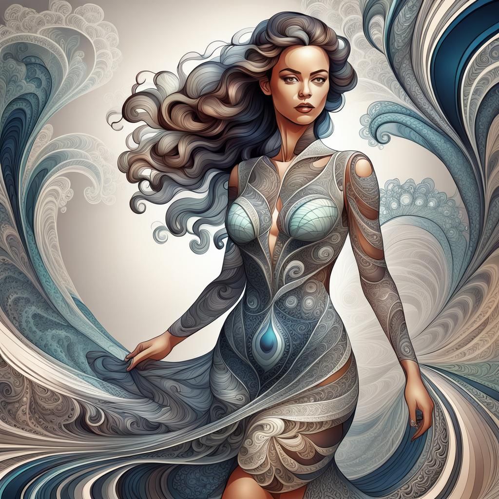 Woman in Sheer Dress with Abstract Fractal Design