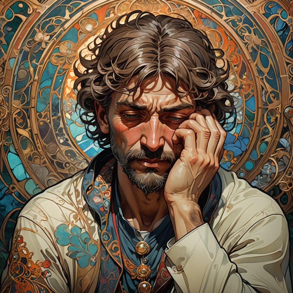 Poignant Portrait Under Moon in Art Nouveau Style