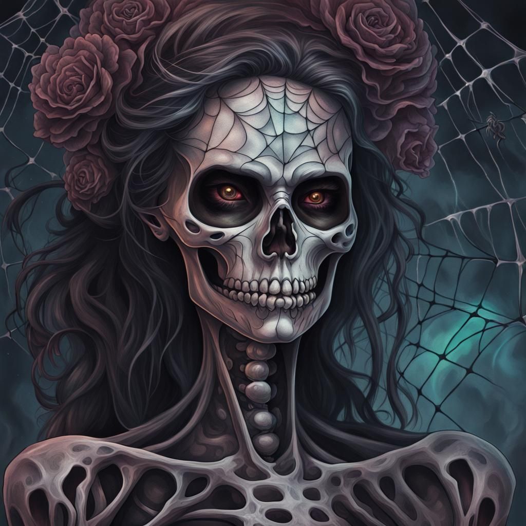 Angry Female Skeleton with Spider Web Tattoos