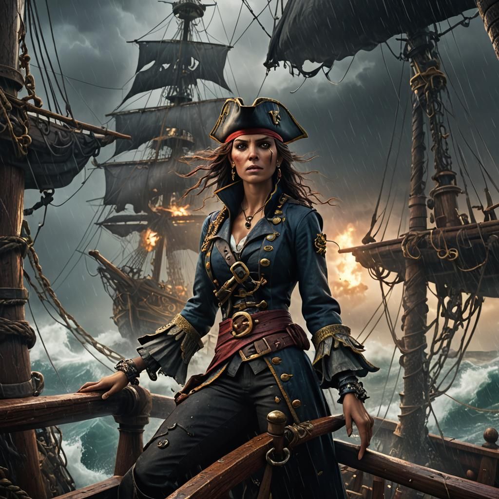 Female Pirate Ship Master in Stormy Seas