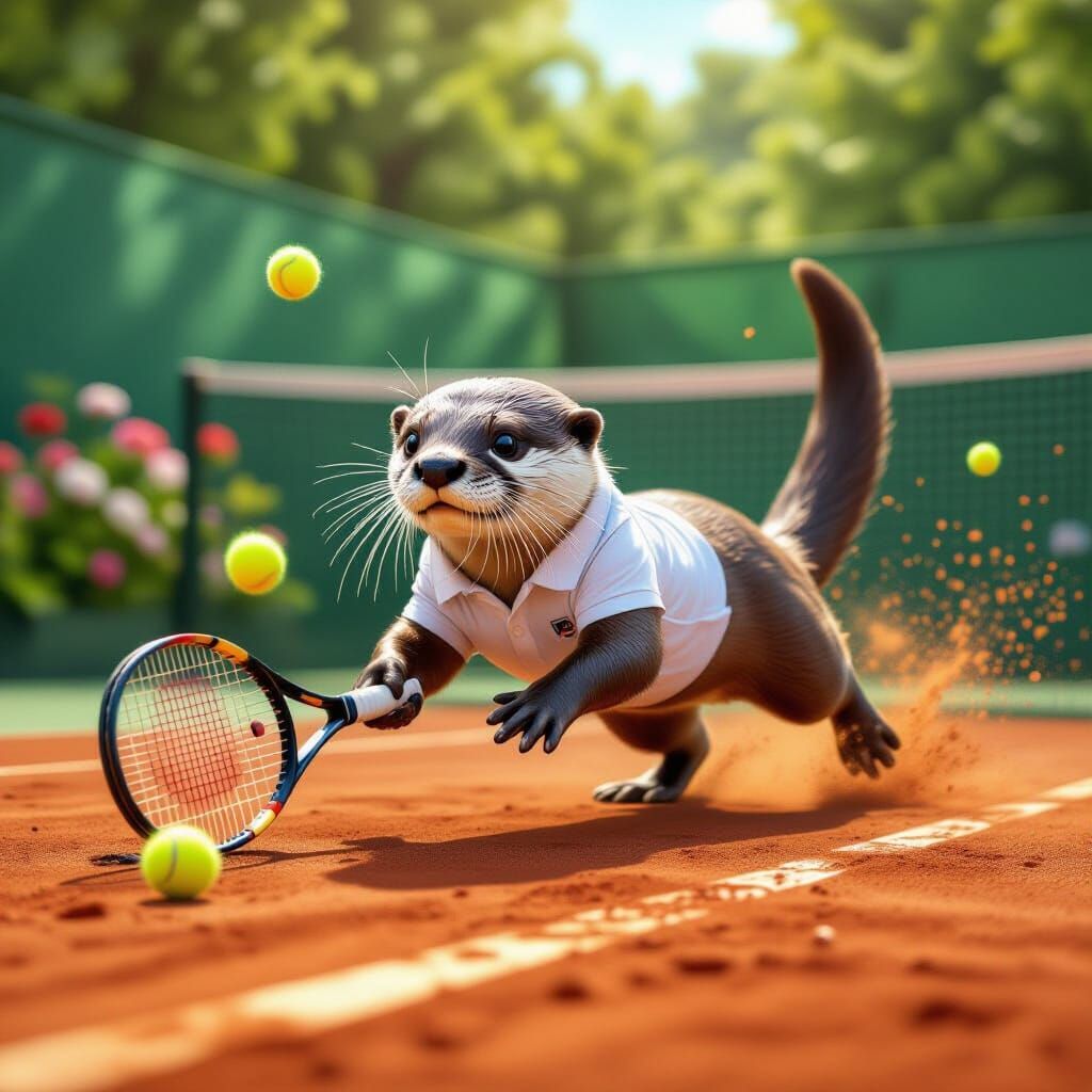 Otter Playing Tennis in Hyperrealistic Splash Art