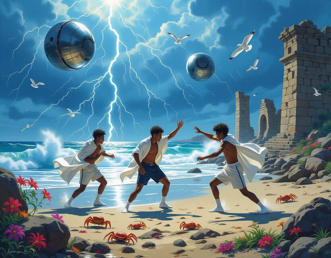 Stormy Beach Party with Baseball and Mechanical Spheres