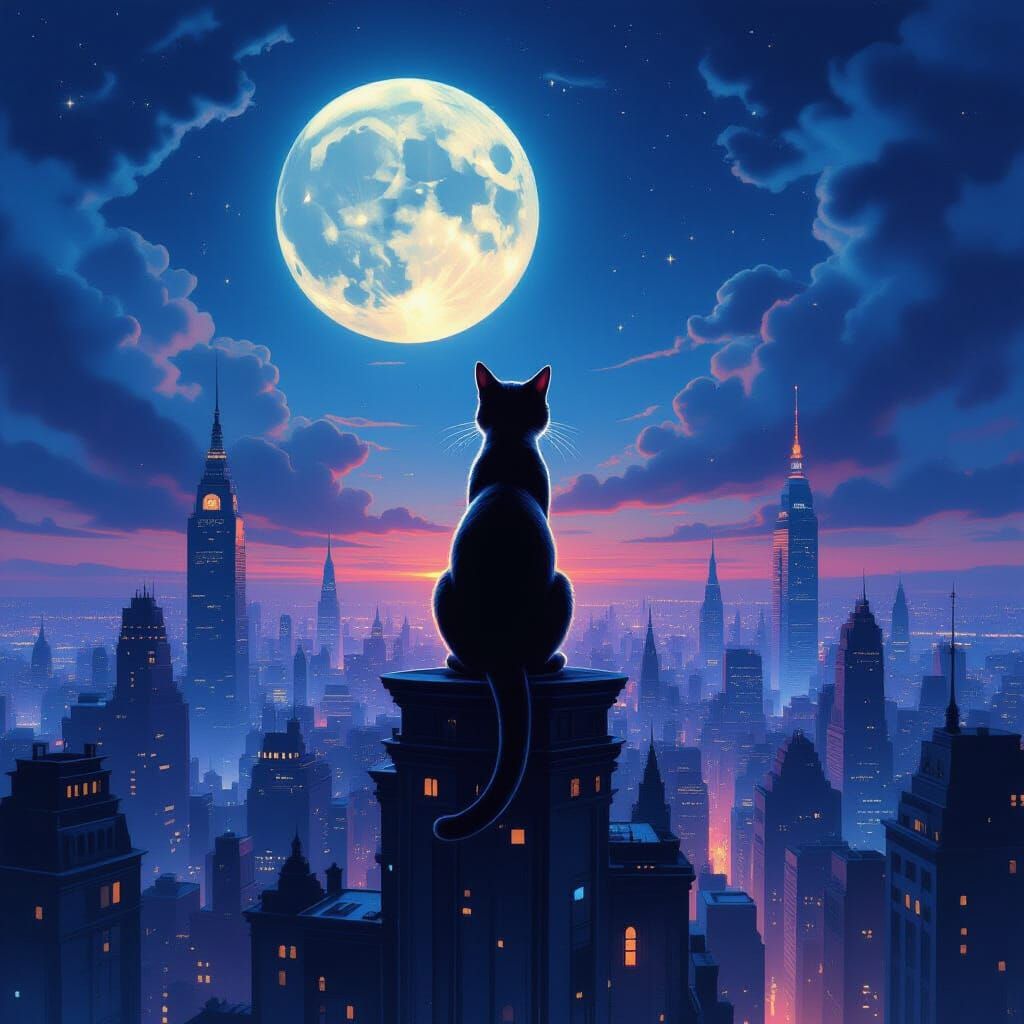 Ethereal Cat on Swirling Cityscape at Twilight