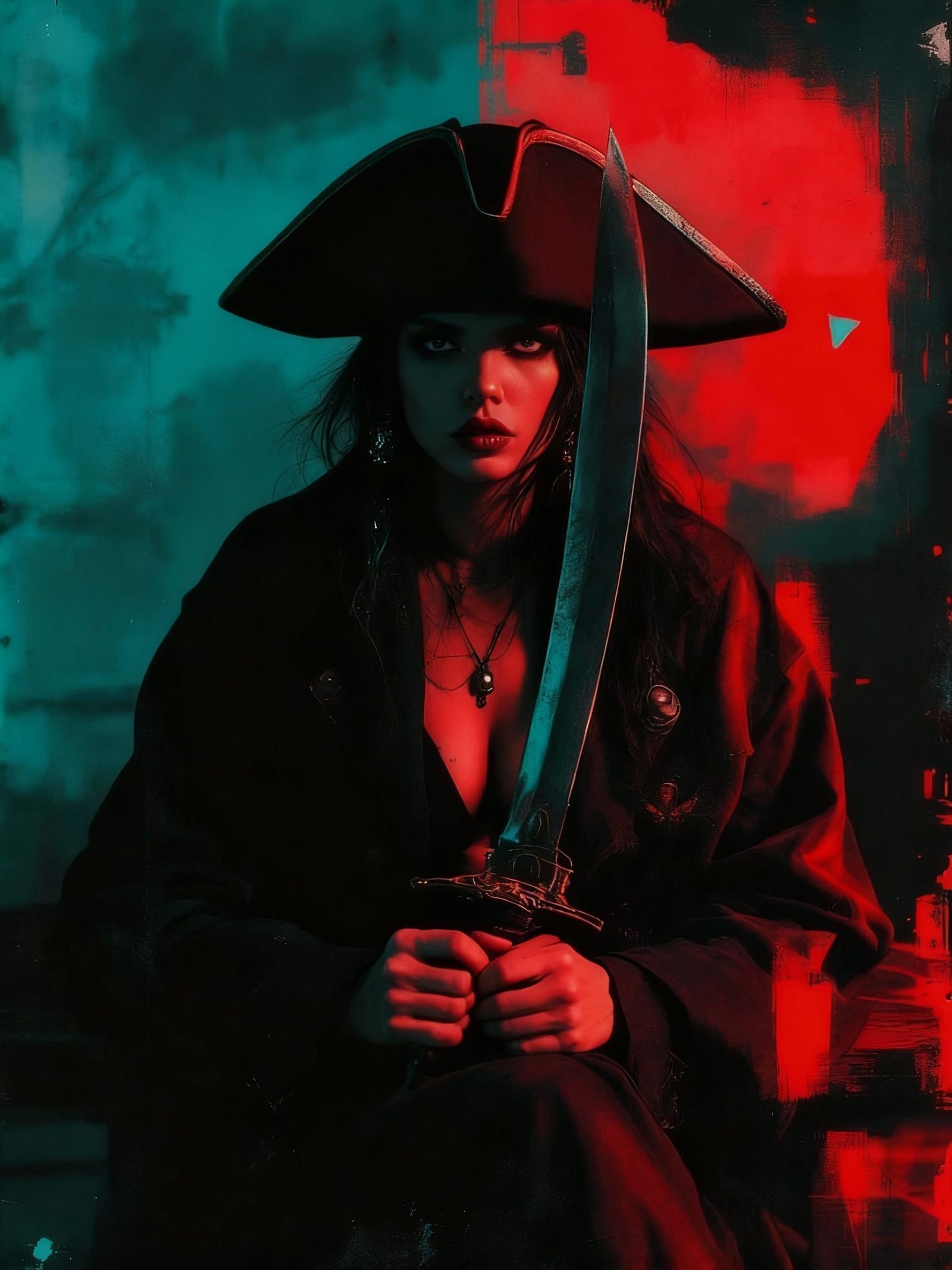 Pirate Woman Portrait in Stark Teal-Red Contrast