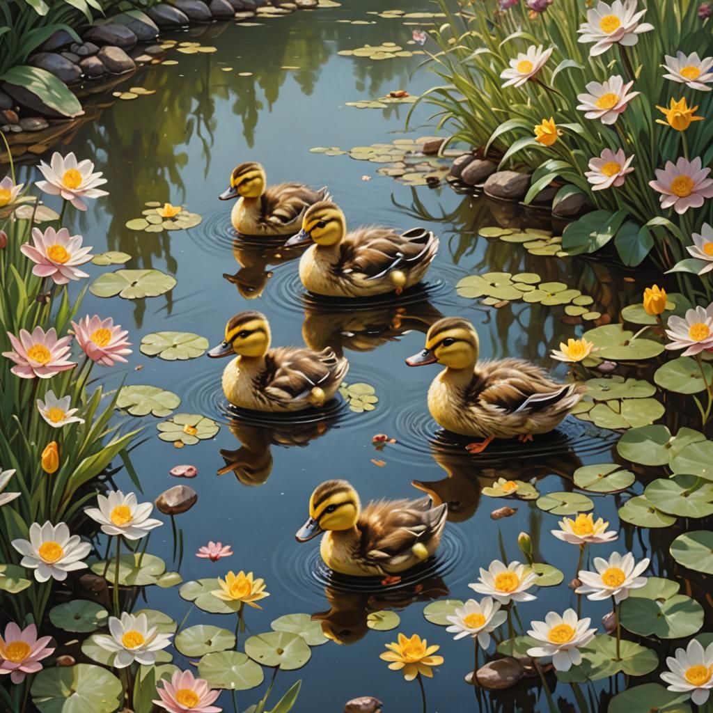 Ducklings in Idyllic Pond: Oil Painting by Gurney