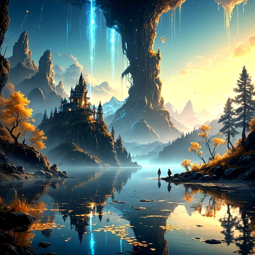 Enchanted Lake Portals and Glowing Travelers