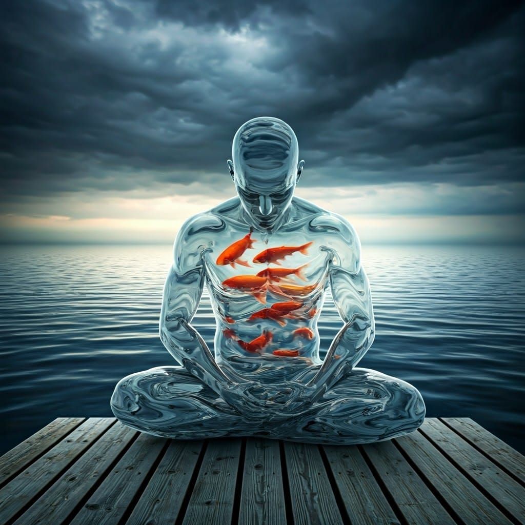 Ethereal Water Figure Sits on Wooden Dock, Gazing Out Over a...