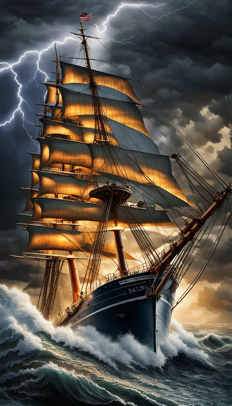 Clipper Ship Navigates Stormy Seas with Saint Elmo's Fire
