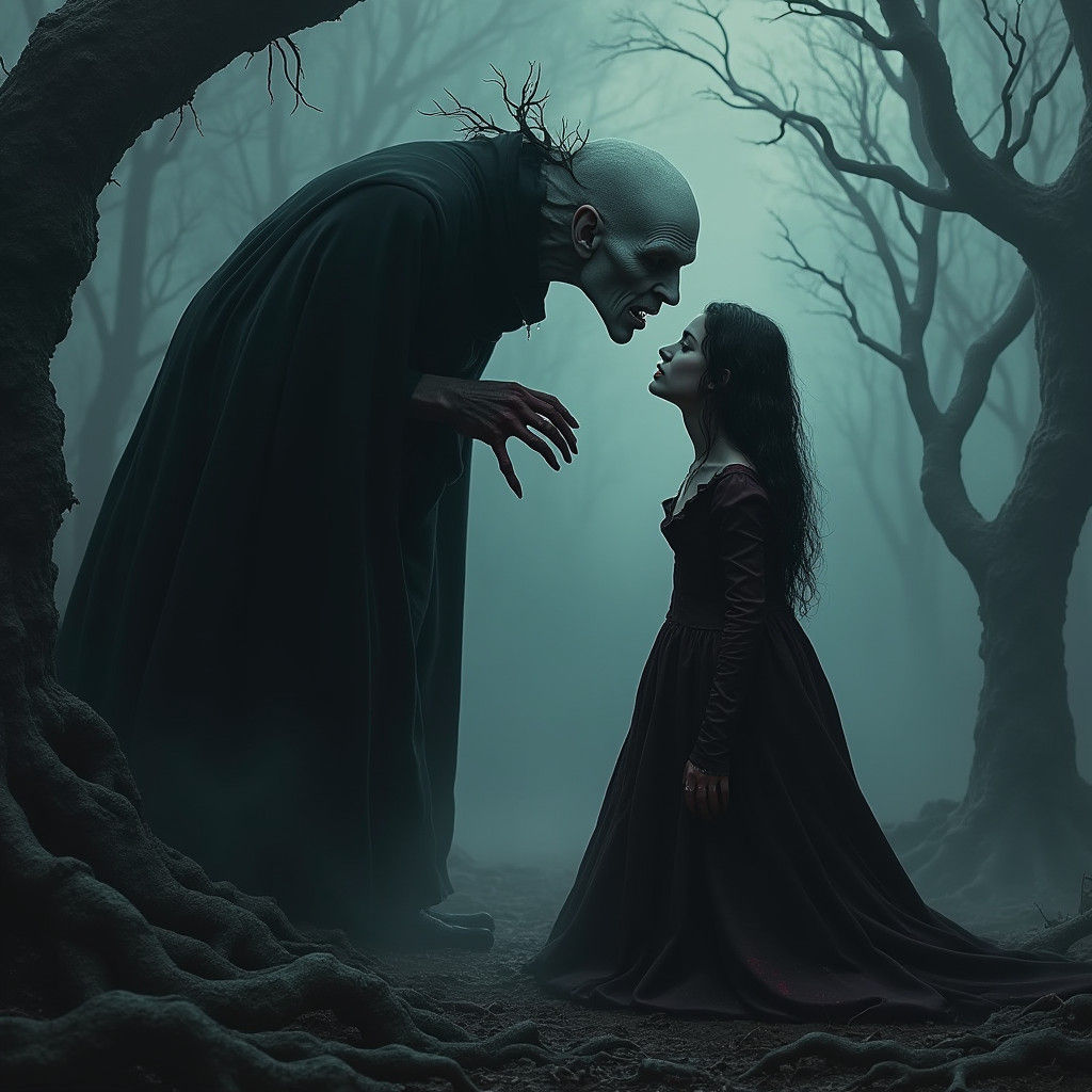 Vampire Feeding on Tears in Haunting Landscape