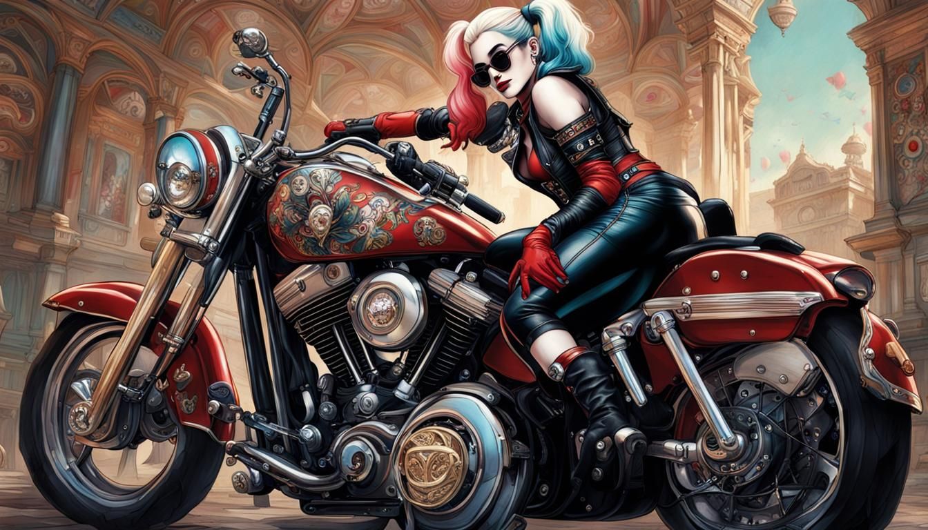 Harley Quinn on Motorcycle in Rococo Style