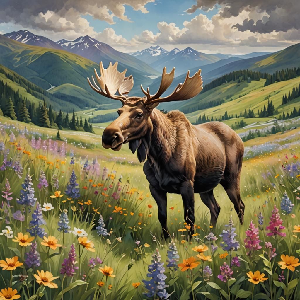Gentle Moose in Dreamlike Mountain Meadow