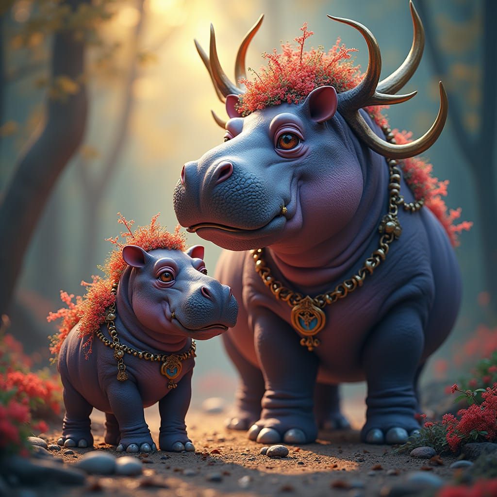 Pygmy and Reel Hippopotamus in Fantasy Concept Art