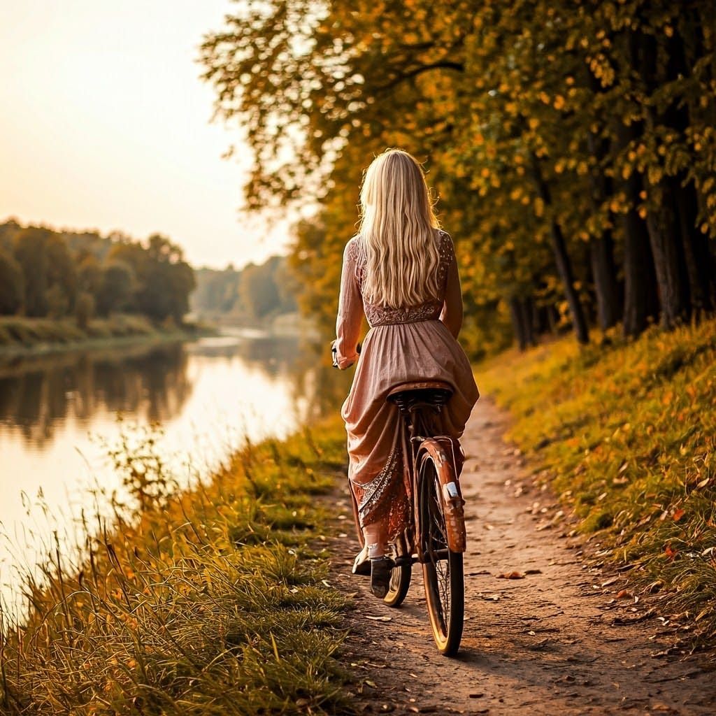Girl on Bicycle in Autumn Light, Oil Painting