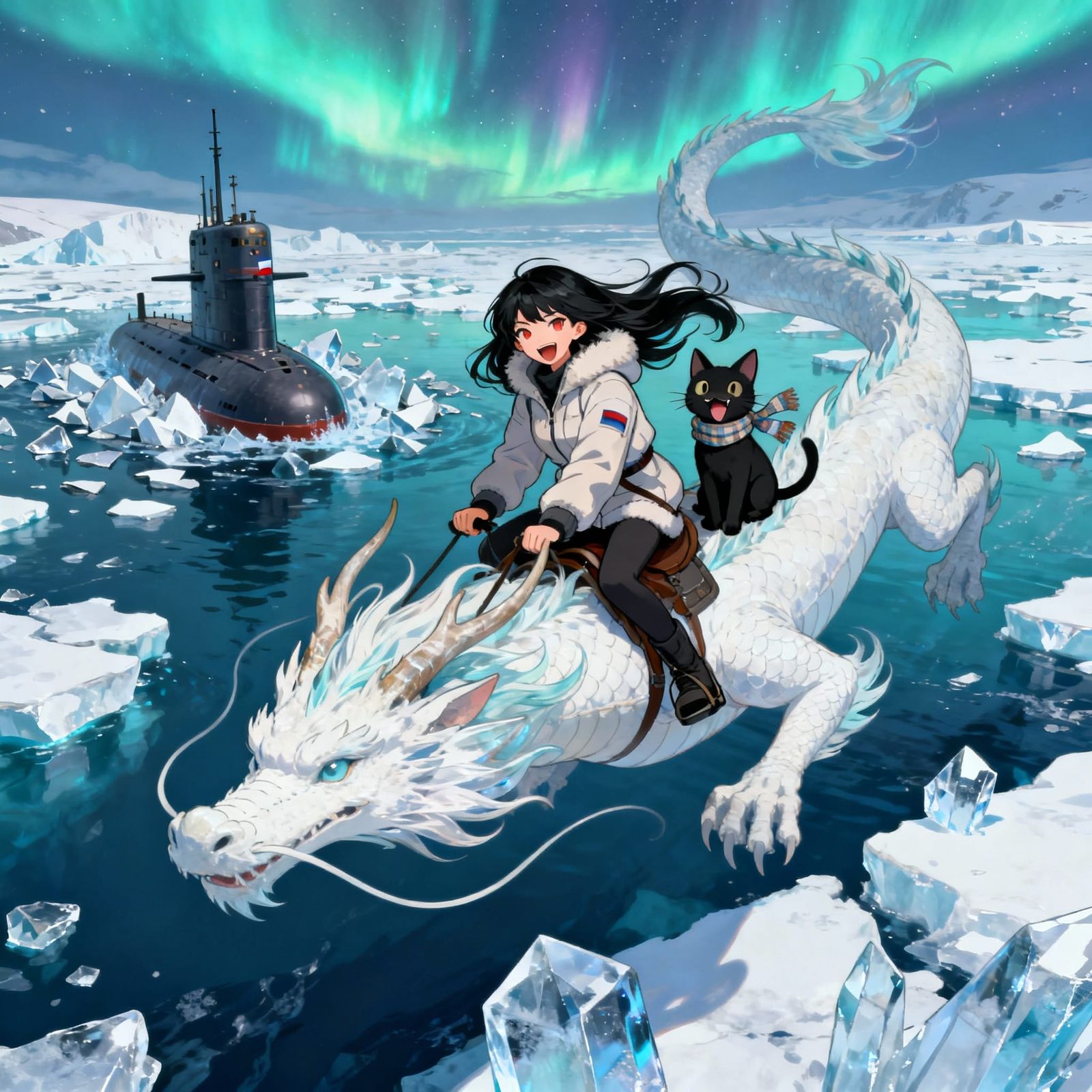 Woman Rides Dragon Over Arctic with Cat, Anime Style