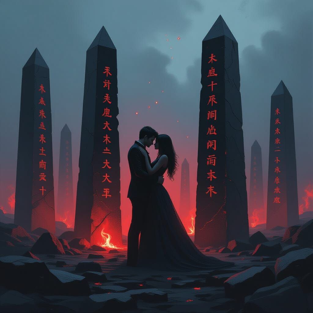 Petrified Couple Embraces Among Rune-Engraved Obsidian Obeli...